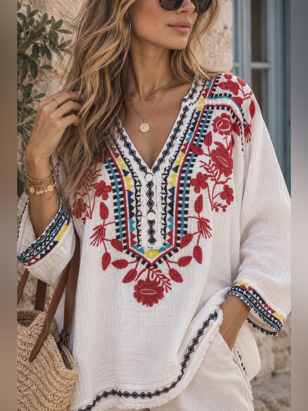 Johnny Was Embroidered Cotton Gauze Tunic Top M White Red Boho Oversized Peasant
